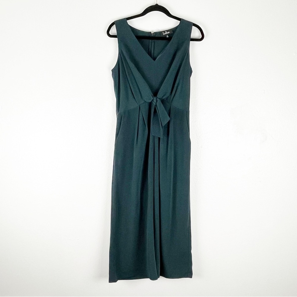 LULUS Emerald Green Knot Front V-Neck Side Pockets Flare Legs Jumpsuit Medium